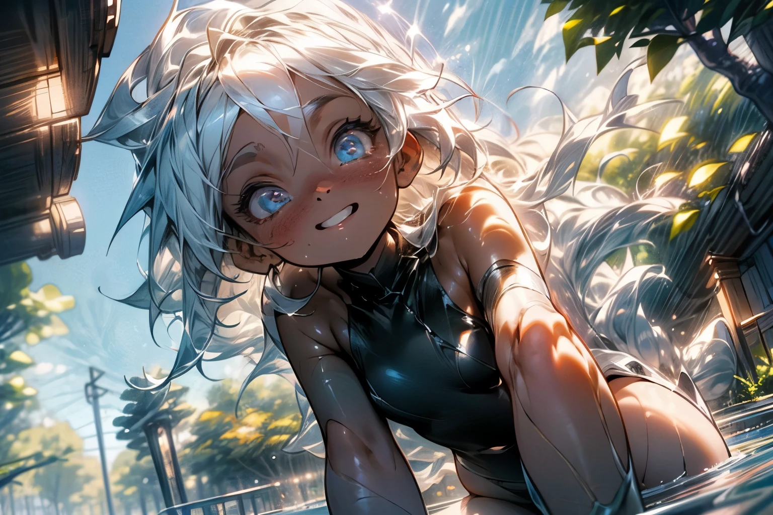((best quality)),in 8K,wide shot,cinematic lighting, smile,black and white hair,in the park,jumping,sunset,backlit,blue eyes,big eyes,swim wear,wet ground,