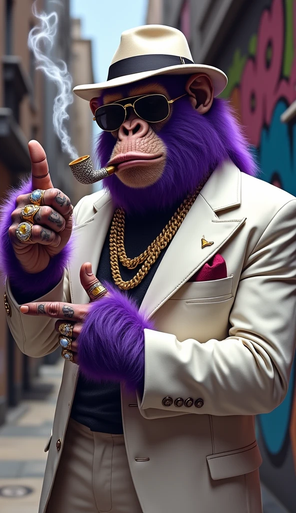 Purple Ape, wearing a white gangster suit with chains, a hat and glasses, tattooed, with huge diamond and gold rings, smoking with a pipe, pointing with his index finger to the right