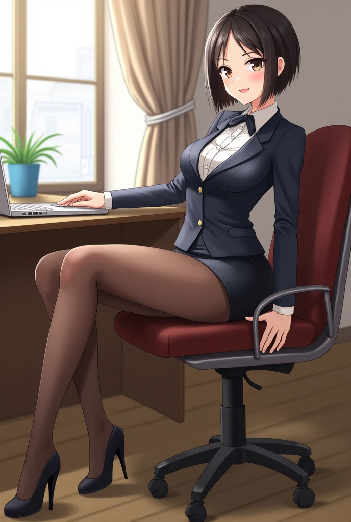 office、Beauty sitting on a chair、short hair、Beautiful legs、High heels、Brown pantyhose、Mini skirt suit、Panty shot