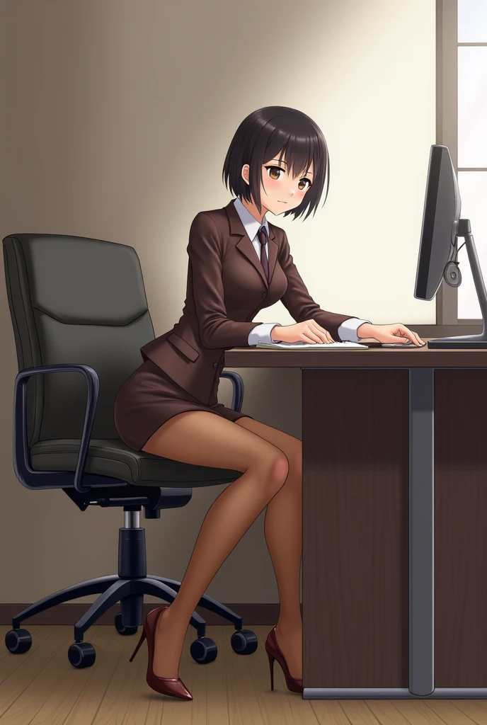 office、Beauty sitting on a chair、short hair、Beautiful legs、High heels、Brown pantyhose、Mini skirt suit、Panty shot