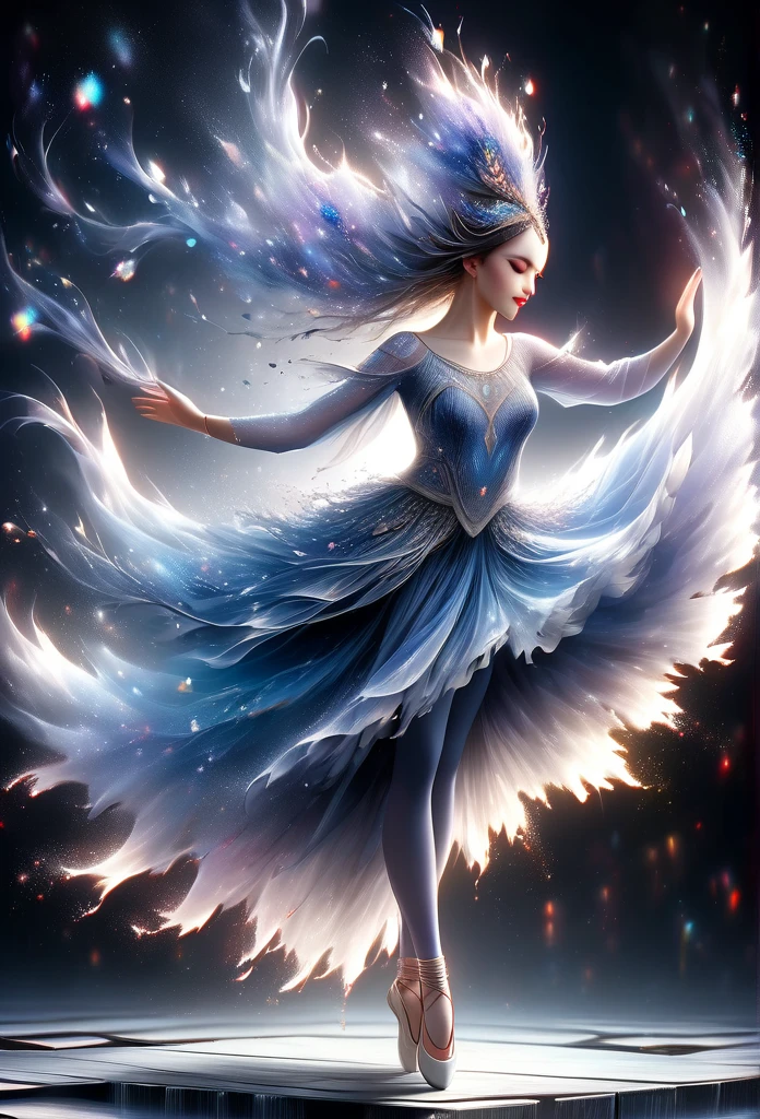 a beautiful Fada dancer, glowing dress, completely black background, mirrored water floor, fantasy art style, detailed face and eyes, highly detailed, 8k, photo realistic, masterpiece, cinematic lighting, dramatic atmosphere, ethereal, mystical, magical, elegant, graceful pose, flowing fabric, shimmering effects, ambient glow, surreal, captivating, breathtaking