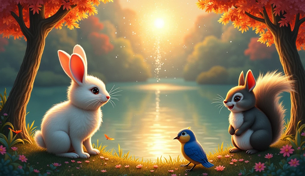 There is a lake in a colorful forest. Above this lake, a sparkle and a bright light rises towards the sky. Next to the lake, a rabbit, a squirrel and a bird are watching the light happily.