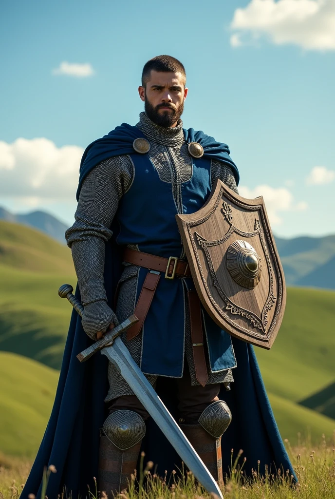 (photorealism:1.2), Dans un monde médiéval fantastique, un homme chevalier. 27 ans, 1m80, Cheveux et barbe courts noire. Il a un haut a manche courte bleu nuit. Il n'a pas de gantelets. Il a une épée en fer et un bouclier en bois. Il porte une cotte de maille.