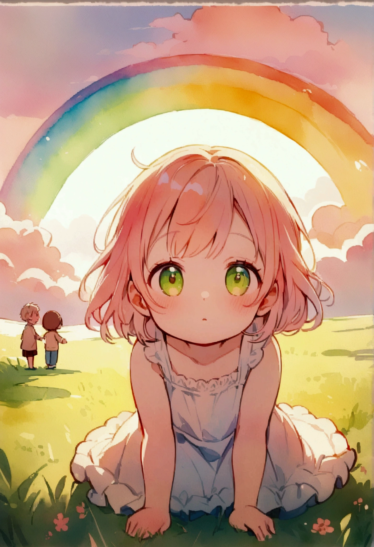 a beautiful girl and a boy, both around 4 years old, playing in a field with a large, vibrant rainbow arching overhead, whimsical watercolor, high detail, soft lighting, warm color palette, cinematic composition, detailed facial features, emotive expressions, natural and relaxed poses, lush green grass, wispy clouds, magical atmosphere, dreamlike quality aquarela