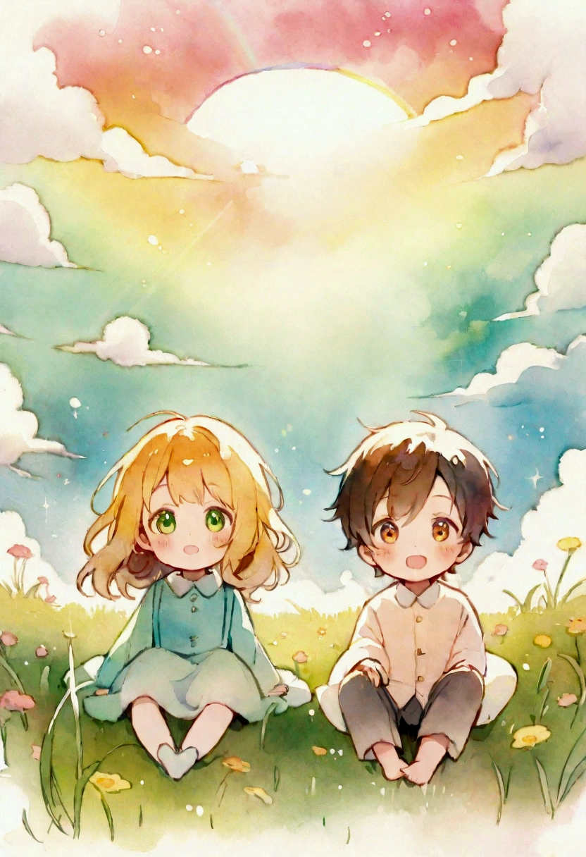 a beautiful girl and a boy, both around 4 years old, playing in a field with a large, vibrant rainbow arching overhead, whimsical watercolor, high detail, soft lighting, warm color palette, cinematic composition, detailed facial features, emotive expressions, natural and relaxed poses, lush green grass, wispy clouds, magical atmosphere, dreamlike quality aquarela