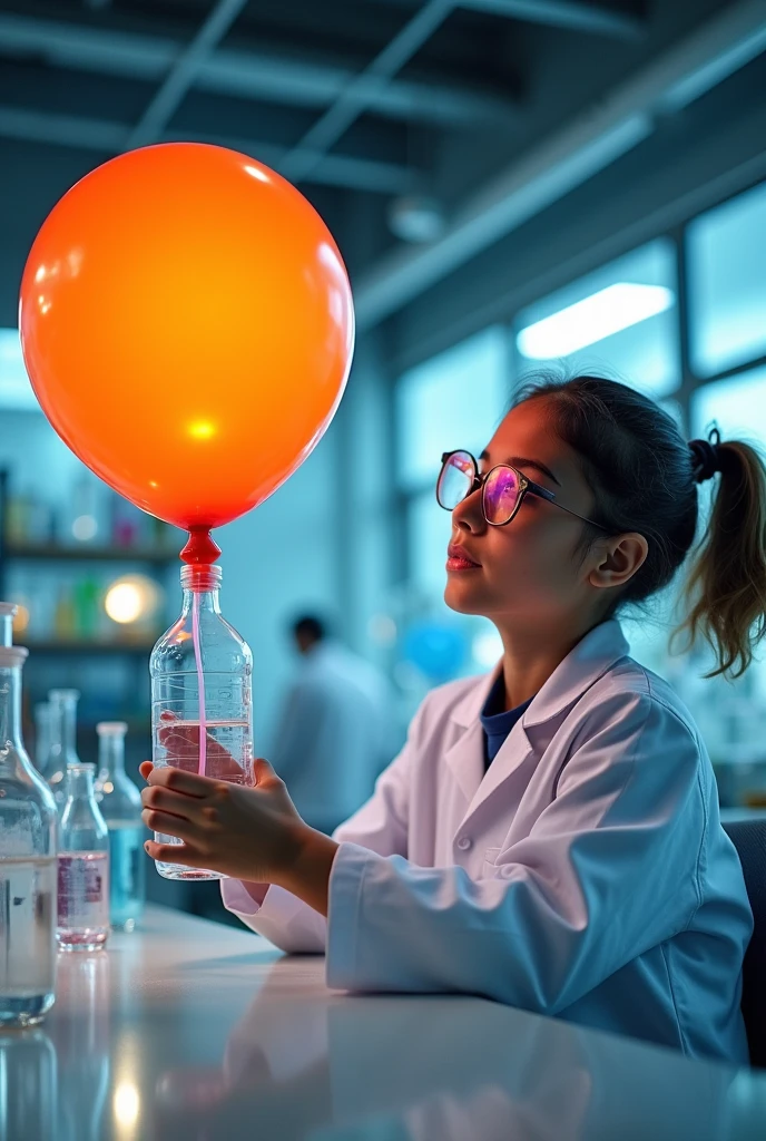 A balloon without a string covering the mouth of a plastic bottle without a string with a scientist showing it