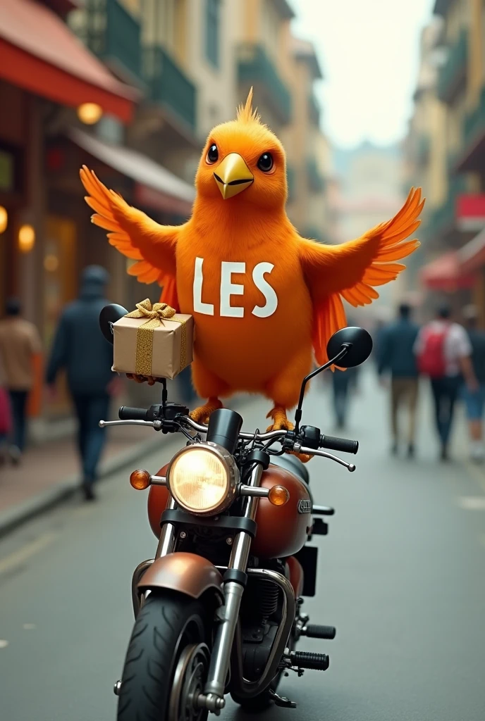 An orange bird, carrying a package, driving a motorcycle for deliveries, a logo on the chest that says LES, letters in white, simulating plumage,