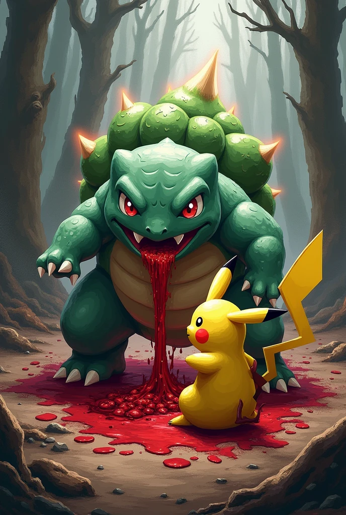 Bulbasaur brutally eviscerating Pikachu with blood and guts flying around everywhere