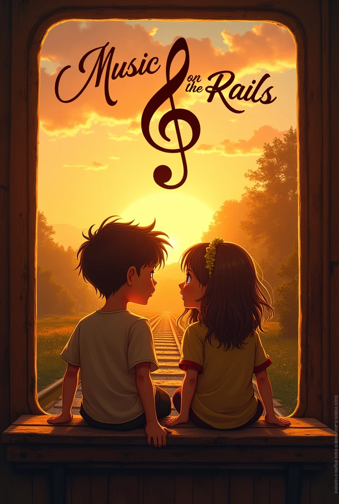 Wanna, that in the image there are 2 people a boy and a girl of , in a sunset, on a train, below all that, that you put a treble clef, The title in Spanish will be: Music on the Rails that put it up, below next to the treble clef I want you to put in Spanish: Written by Rafael Melgar. 

