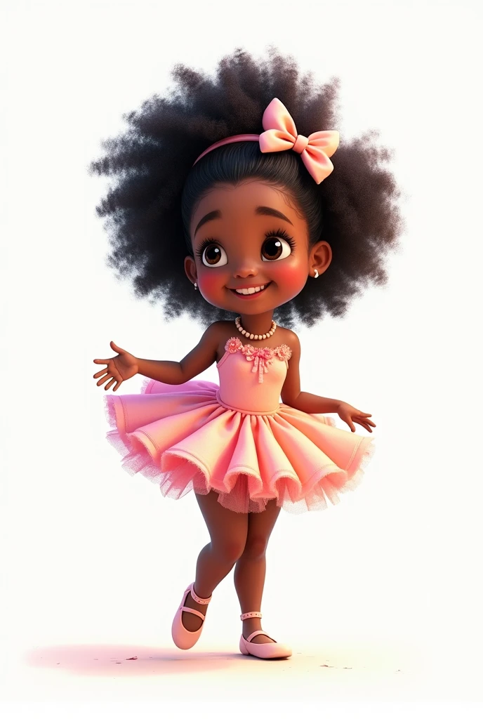A cute fat indigenous girl with black curly hair wearing a Pixar-style ballerina outfit on a white background
