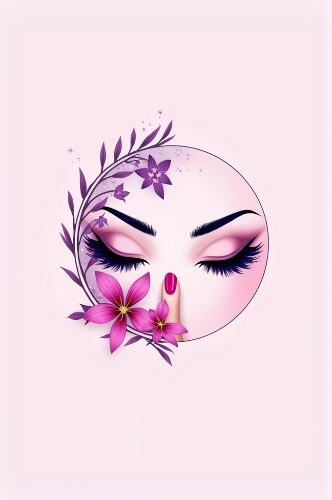 A logo for a beauty salon featuring eyelash and nail products, in a pink and purple color palette 