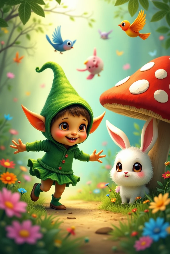 Fantastique, fait lutin, petits oiseaux, lapin, animaux, fantastiques, rigolo enfantin