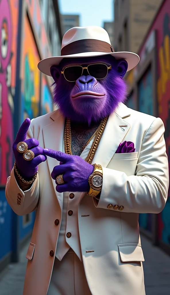 Purple Ape, wearing a white gangster suit with chains, a hat and glasses, tattooed, with huge diamond and gold rings, smoking with a pipe, pointing with his index finger to the left