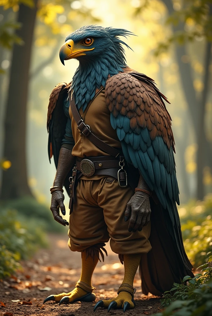 Humanoid eagle with human arms and legs, legs with eagle claws, and human arms with eagle feathers, wearing common medieval attire , bird head with a long yellow beak with a blue tip, and flat head.