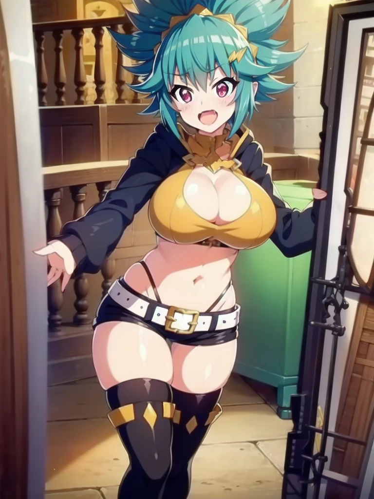 ultra detailed, screencap, anime coloring, anime style, Mel-Liver020, 1girl, cleavage, solo, short pants, hair ornament, red eyes, navel, green hair, white belt, large breast, short shorts, large boots, boots, thighhighs, yellow top, black sleeves, long sleeves, black stockings, long stockings, yellow boots, NSFW, (big breasts, large breasts:1.2), solo
