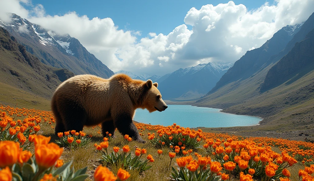 Bear that lives in the Andean mountain range with the sagu flower in the Chingaza reservoir