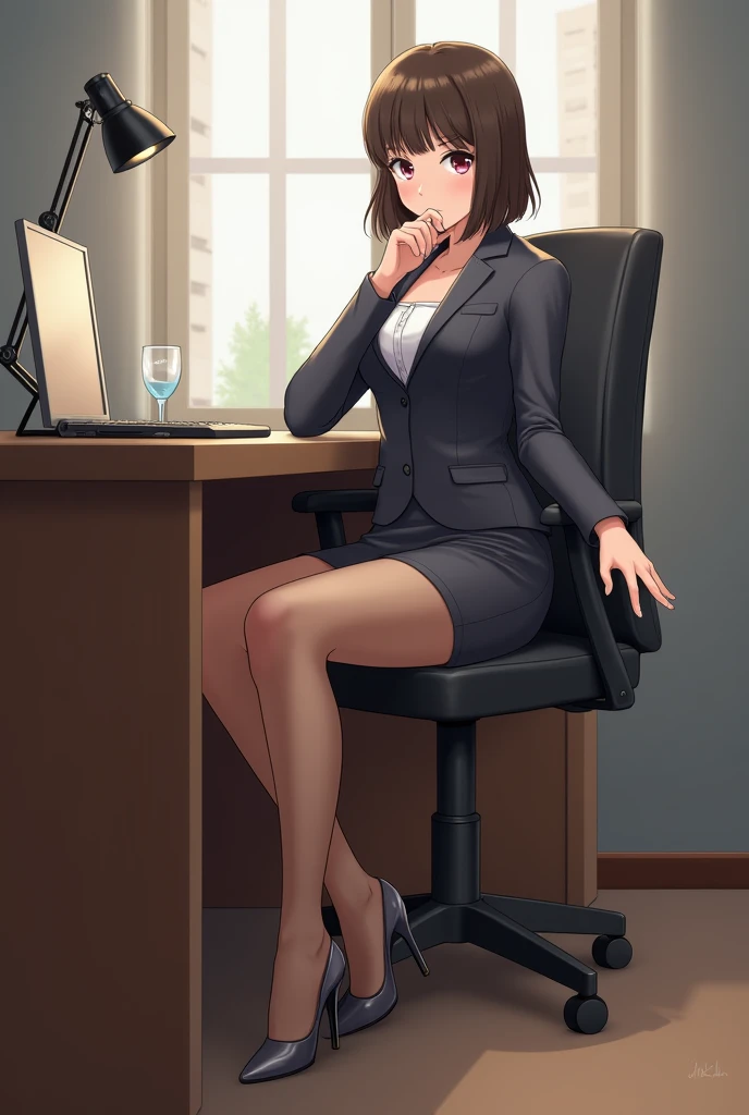office、Beauty sitting on a chair、short hair、Beautiful legs、High heels、Brown pantyhose、Mini skirt suit、Panty shot