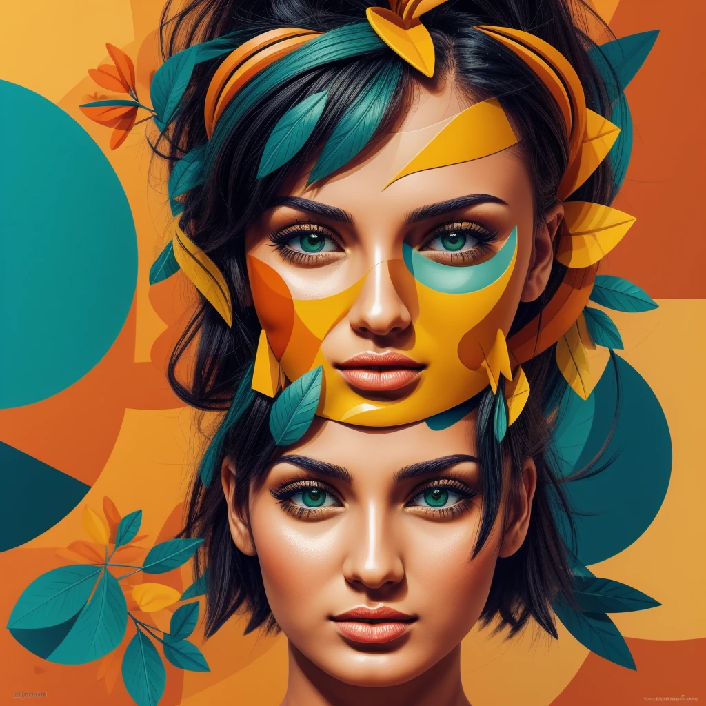 Abstract summer, minimal, vector, a combination of natural and geometric, two-dimensional, more than using the 9ea856 tone color code and mustard palette, dark mustard pastel color, using very little warm colors with yellow and dark orange tones mixed with green And Khardali, the face of a girl over 20 years old randomly in different directions and looking, a combination of analytical and abstract cubism style, European, Russian, Iranian face style