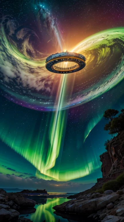 Highest quality, (masterpiece), Very detailed, (Illustrations for novels:1.2), (High resolution:1.2), Dramatic Light, looking at space through long Telescope, space, shooting star, thin lines amidst the planets, Look up, Fantasy,On a different planet,Expansiveness,Great details,Cinema Lenses,Wide-angle composition,Hazy,満天のStarry Sky,Indian mythology,laser,Aurora,Shattered rocks fly everywhere.,Fantasy、another world、Starry Sky、shooting star、milky way、Multicolored clouds、another world、Countless islands floating in the sky々、Vast views、Wide-angle lens、A view looking down from a high hill. Realistic blurred background. 4K Full HD 60 FPS、Realistic lighting、deep sea,Ancient times,ancient fish,Swim gracefully,未来のdeep sea都市,Atlantis Continent,Reflection of the universe,広大なspace,fusion of the future and the past,Time Transcended,spaceの歪み、The paper surface shines with rainbow colors all over.、Halo、Angel Ring