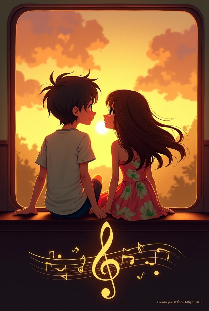 Wanna, that in the image there are 2 people a boy and a girl of , in a sunset, on a train, below all that, that you put a treble clef, The title in Spanish will be: Music on the Rails that put it up, below next to the treble clef I want you to put in Spanish: Written by Rafael Melgar. 

