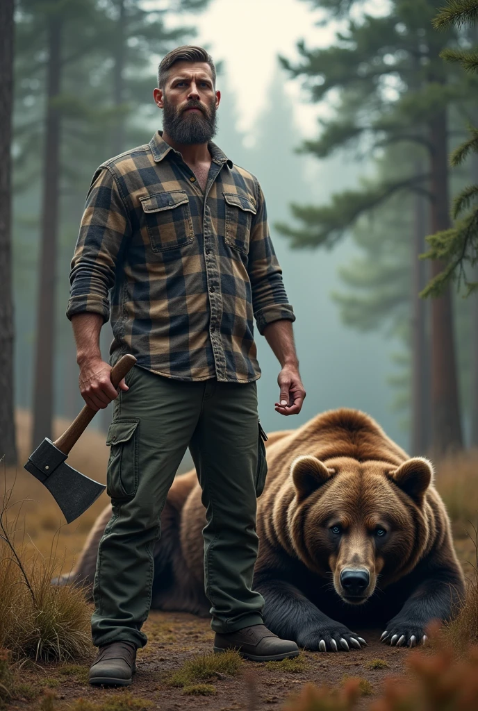 Create an image of a man holding an axe with a dead bear beside him