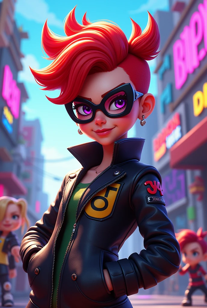  with red hair, glasses, a surge, and a black jacket in Brawl Stars style 