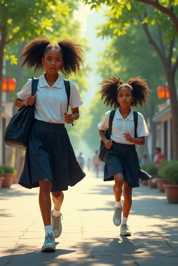 African age girl who is a little bit taller with a long full hair curly ponytail on a white top and black skirt Japanese uniform hanging a black school bag, running( chasing )after anotherAfrican girl with long full curly ponytail on a white top and black skirt Japanese uniform who is walking home . Both looking sad Realistic paint