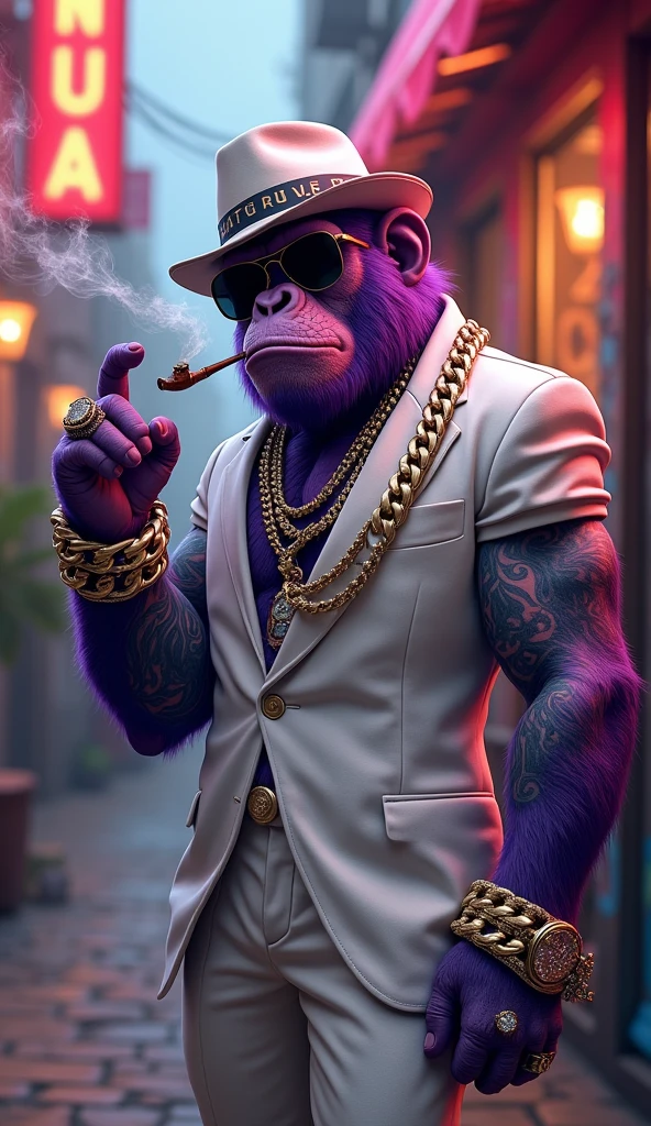 Purple Ape, wearing a white gangster suit with chains, a hat and glasses, tattooed, with huge diamond and gold rings, smoking with a pipe, pointing with his index finger to the left