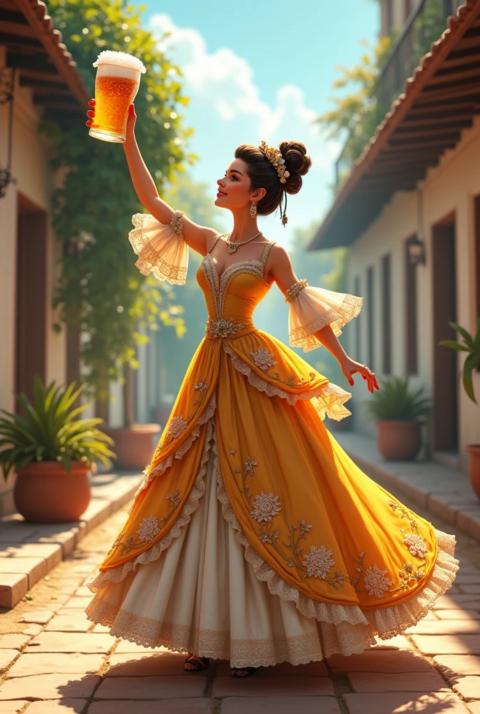 2D animation of Policarpa Salavarrieta wearing an antique dress and holding a beer