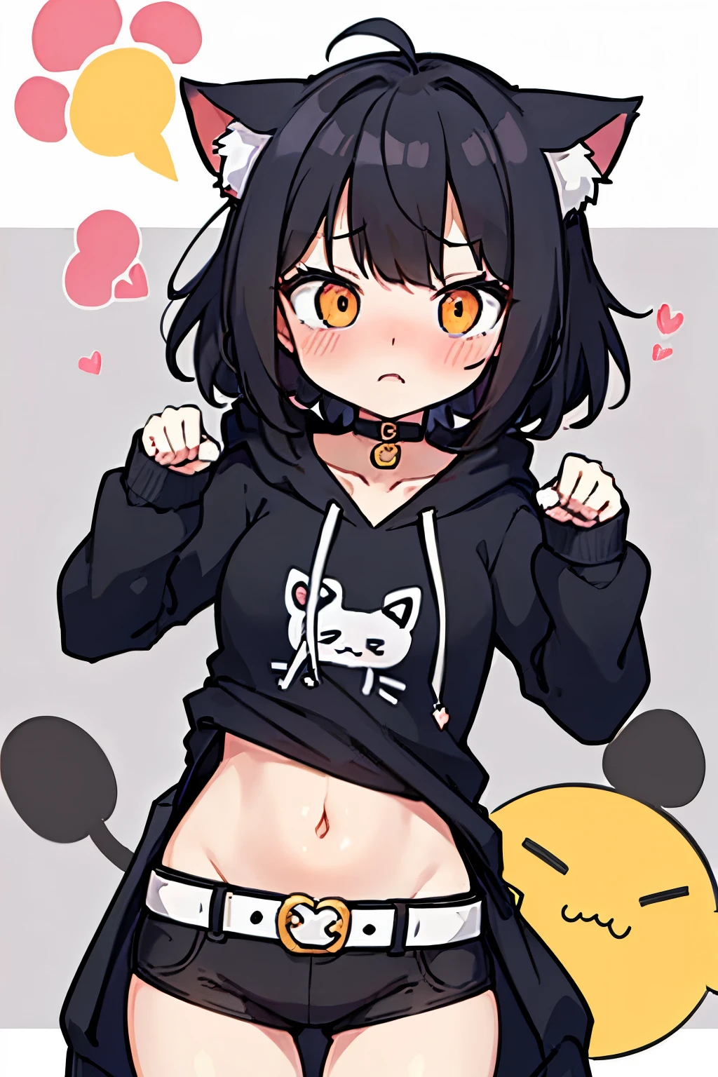 cute anime girl, short very messy hair with long bangs, wearing a hoodie, wearing a belt choker, looking shy, nervous, flustered expression, doing cat paw pose, nya pose, shy girl, blush, nervous girl, basic white background simple, waist up visible