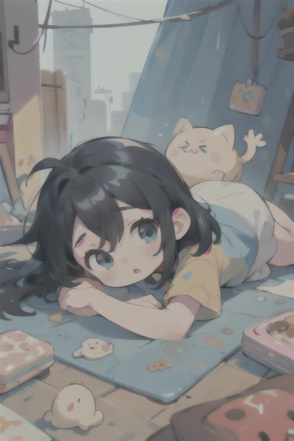 masterpiece, best quality, cute, kawaii, ((colorful)), 1 girl,kid,solo,black brite hair, shining blue eyes,confused fase,in the slum,poor,dirty,hevy rain, isometric view,food on the floor,colorless