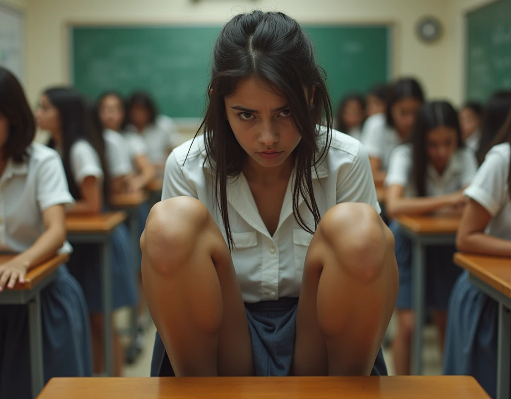 (photorealism:1.2), A class of 16 year old latina schoolgirls dressed in school uniforms that are far too small and skirts far too short to successfully provide any appropriate measure of modesty or conceil their every curve and crease. They each have a leg propped ontop their desk rendering their knickers visible, swaying their hips back and forth and creating friction between the corners of their desk tops and their frontal pelvic regions of their that are visible damp where the two meet. Their faces are grimacing and their breathing heavy. Some have their eyes open and rolling back, others have their eyelids closed.