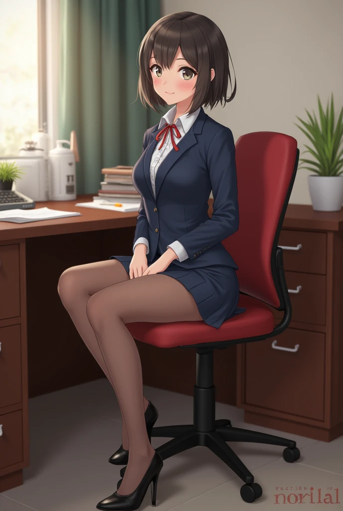 office、Beauty sitting on a chair、short hair、Beautiful legs、High heels、Brown pantyhose、Mini skirt suit、Panty shot