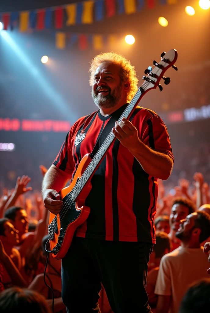 A fat man, bass guitar, blond, of flamengo and creates
