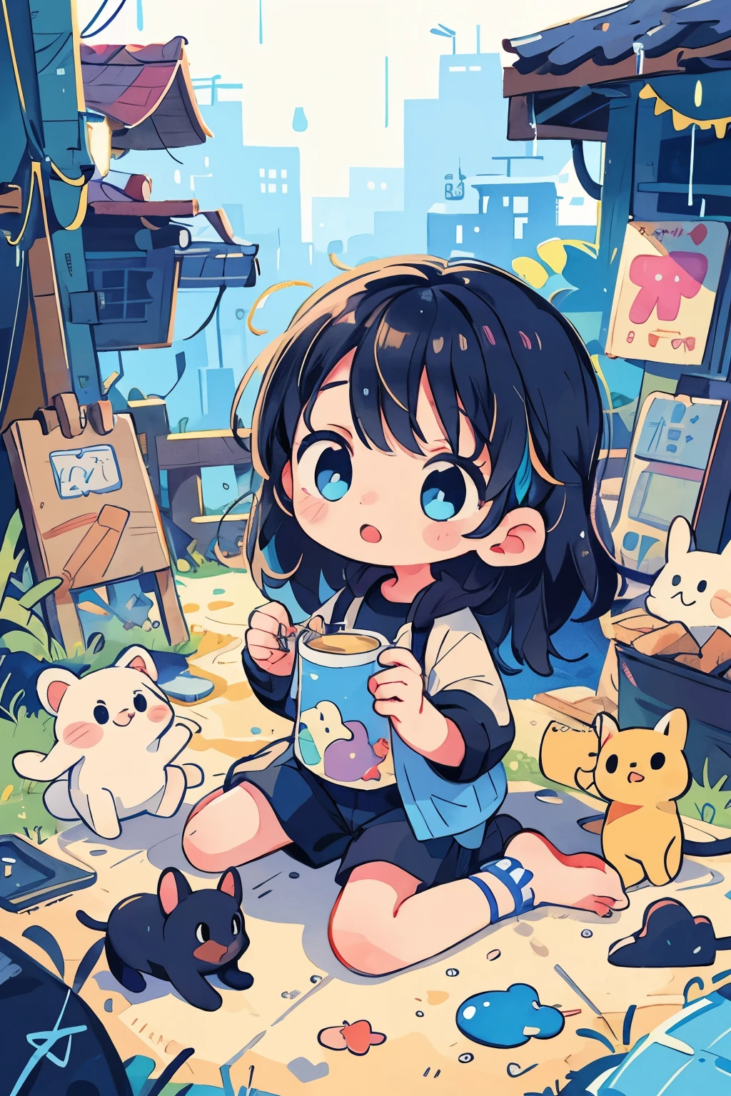 masterpiece, best quality, cute, kawaii, ((colorful)), 1 girl,black brite hair, shining blue eyes,confused fase,in the slum,poor,dirty,raining, isometric view,no animals,