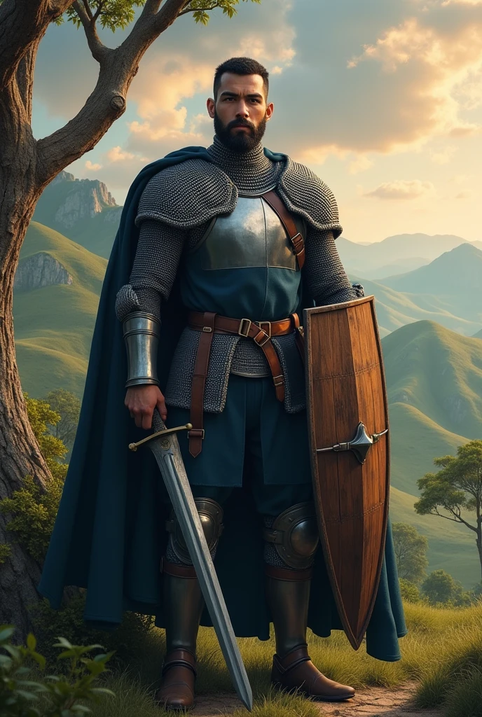 (photorealism:1.2), Dans un monde médiéval fantastique, un homme chevalier. 27 ans, 1m80, Cheveux et barbe courts noire. Il a un haut a manche courte bleu nuit. Il n'a pas de gantelets. Il a une épée en fer et un bouclier en bois. Il porte une cotte de maille. 