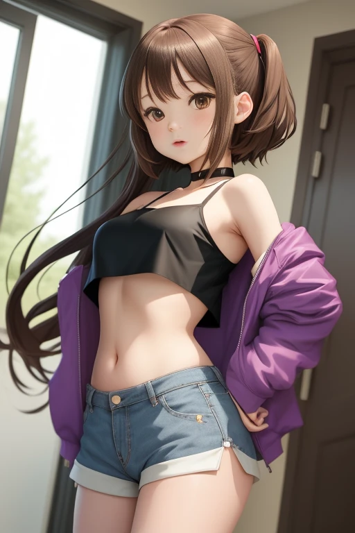 Masterpiece, Best quality, Realistic, Real, incredibly_absurderes, Colorful, stars, intense shading, Girl, Long hair, Brown hair, Wavy hair, view the viewer, Laughing, eye bags, purple eyeshadow, Small breasts, shirt, ribbed sweater, Black sports bra , Miniskirt, Transparent underwear, white thighhighs, Earrings, jewelry, half gloves , neck bowtie, Bracelet, nipple tweak_thigh high,