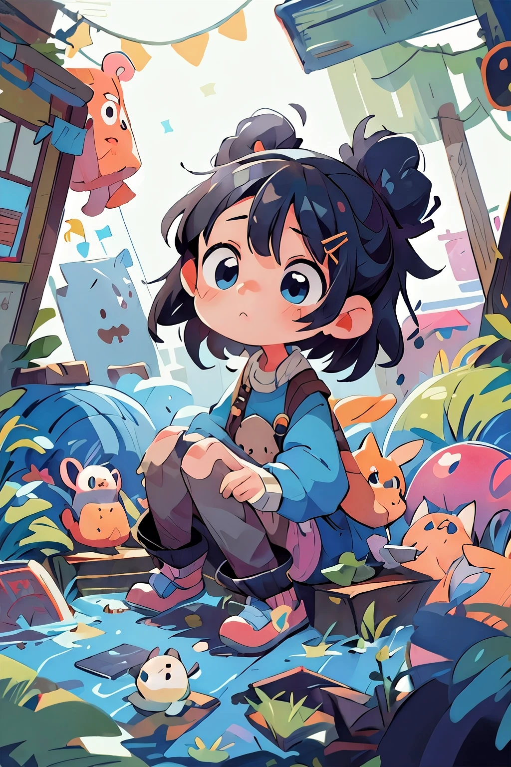 masterpiece, best quality, cute, kawaii, ((colorful)), 1 girl,black brite hair, shining blue eyes,confused fase,in the slum,poor,dirty,raining, isometric view,no animals,