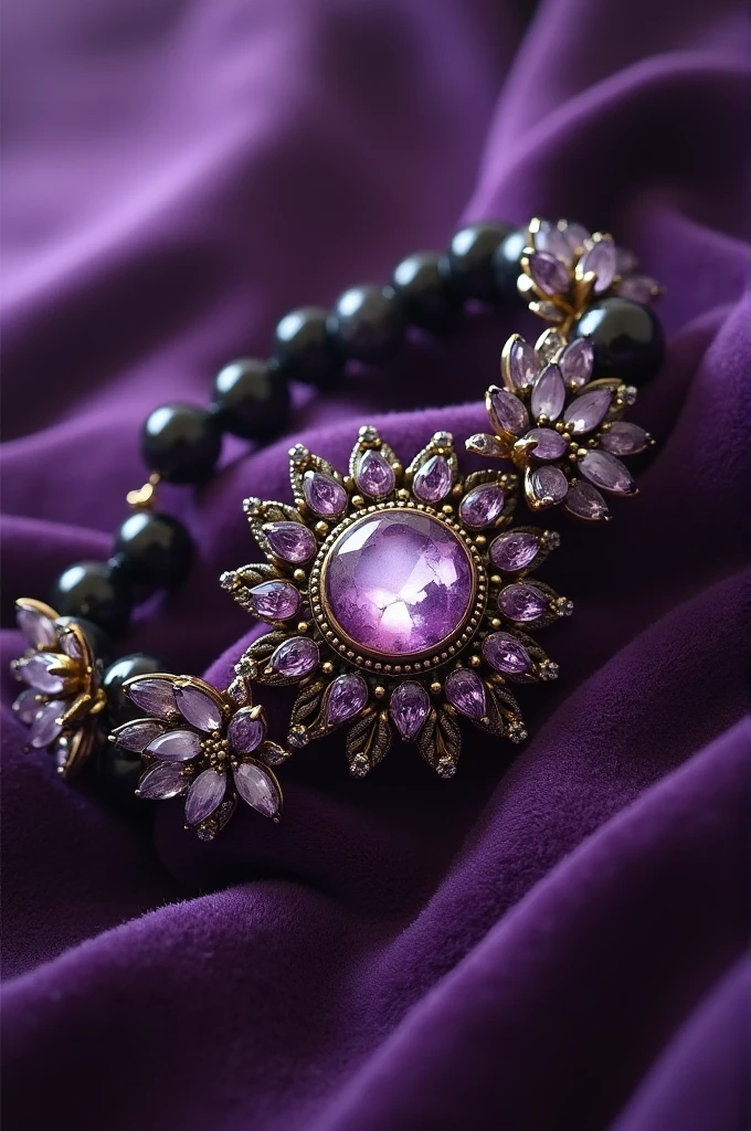 Bracelet with a central broncite stone and the rest of the stones made of amethyst and black tourmaline