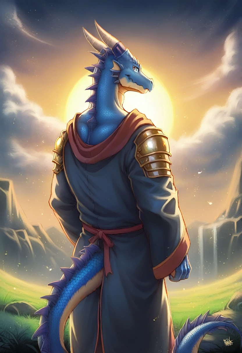 solo, male, mature male, (male anthro dragon:1.3), (blue body:1.1), (standing:1.3), (kemono:1.2), (sunset:1.23), armor, (robe), (looking back:1.2), raised head, (rear view), landscapes, cliff, dawn, horizon, detailed eyes, portrait, dragon tail, horn, (detailed eyes), (outside:1.35), grass, hill, (cloud), (particles ,firefly, blue glowing:1.3), detailed background, 8k hd, (dark shadows, wide dynamic range, hdr, low light:1.2), by Pino Daeni, barazoku, [by dagasi, by zixiong], cygames, by null-ghost, (scenery)