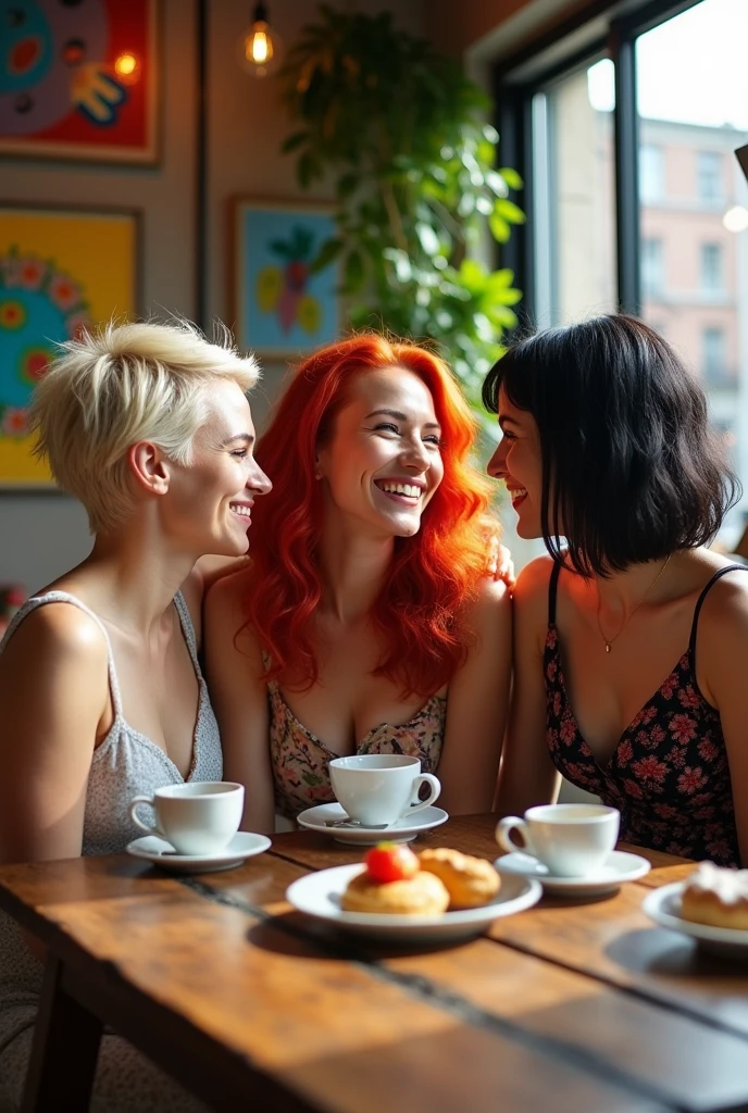 A woman with short blonde hair, a woman with red hair, and a brunette with short black hair
