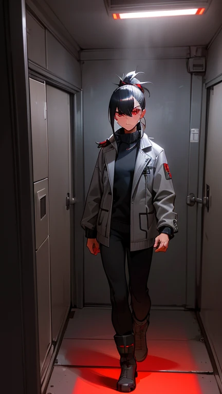 (detailed), (((normal guy))), (Arabic characteristics), ((gray wool jacket)), ((pelo rizado Ponytail hairstyle)), ((Ponytail hairstyle)), (calm face), ((by the width)), ((coffee boots)), (((whole body))), ((in a cyberpunk room)), ((male)), (gray turtleneck sweater), ((only one person)), (at night), terror, ((eyes glowing red)), In the dark