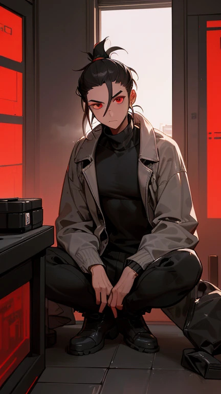 (detailed), (((normal guy))), (Arabic characteristics), ((gray wool jacket)), ((pelo negro rizado Ponytail hairstyle)), ((Ponytail hairstyle)), (calm face), ((by the width)), ((coffee boots)), (((whole body))), ((in a cyberpunk room)), ((male)), (gray turtleneck sweater), ((only one person)), (at night), terror, ((eyes glowing red)), In the dark