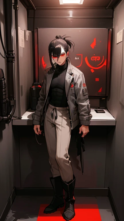 (detailed), (((normal guy))), (Arabic characteristics), ((gray wool jacket)), ((pelo negro rizado Ponytail hairstyle)), ((Ponytail hairstyle)), (calm face), ((by the width)), ((coffee boots)), (((whole body))), ((in a cyberpunk room)), ((male)), (gray turtleneck sweater), ((only one person)), (at night), terror, ((eyes glowing red)), In the dark