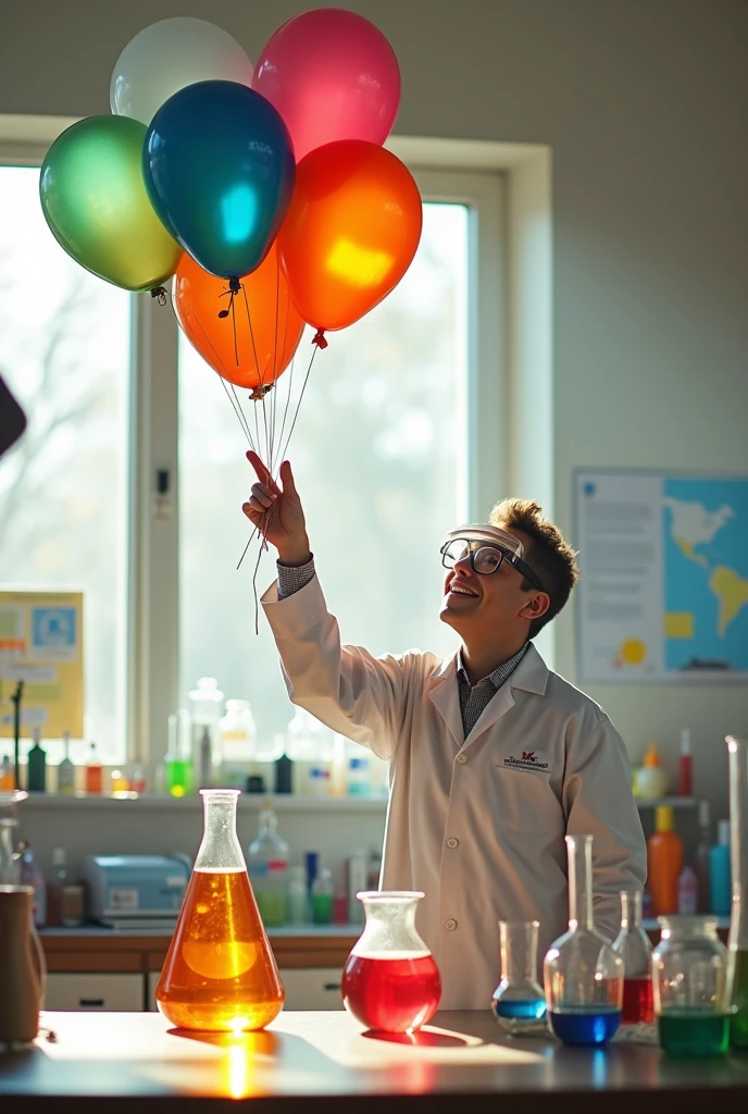 A balloon without pita covering the mouth of a plastic bottle without pita with a scientist showing it but without pita