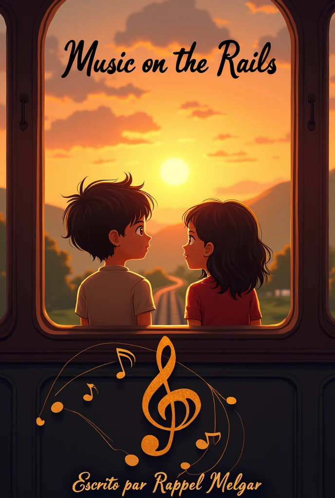 I want an image for a book , that in the image there are 2 people a boy and a girl of , in a sunset, on a train, below all that, that you put a treble clef, The title in Spanish will be: Music on the Rails that put it up, below next to the treble clef I want you to put in Spanish: Written by Rafael Melgar.