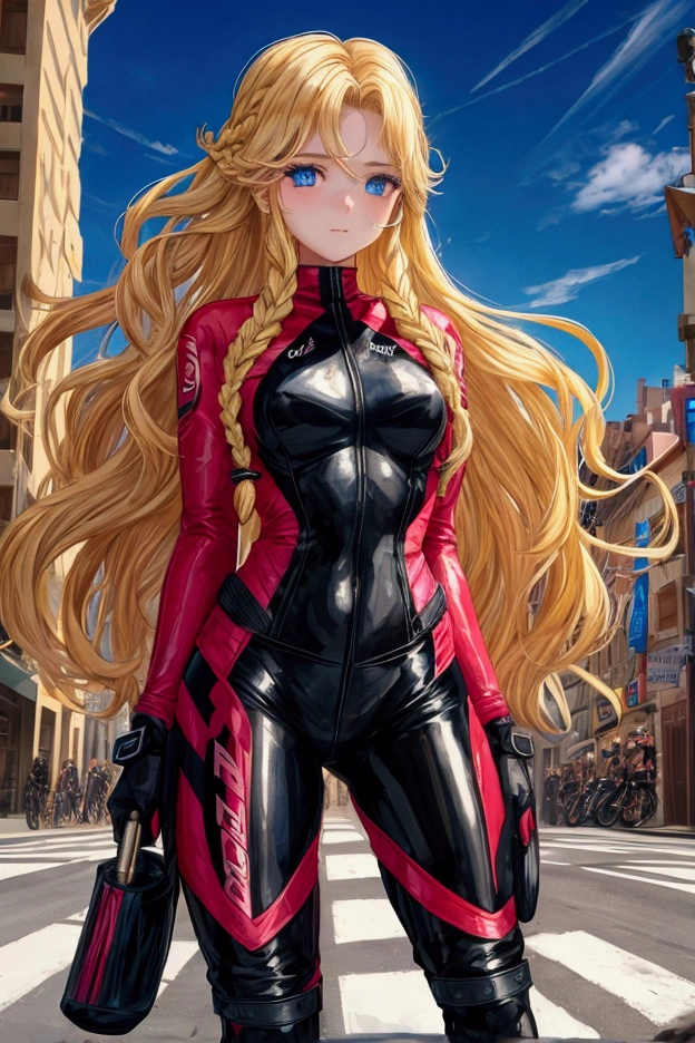Young girls competing on motorcycles. colorful lycra suits fitted to the body, braided wavy hair, long blonde hair, blue eyes on the road