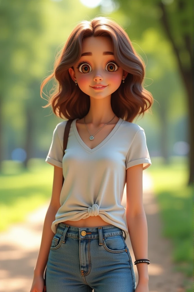 Create a full-body character with the following details:
- **Appearance:** Young with fair skin, brown eyes, and wavy hair.
- **Outfit:** Casual and modern attire suitable for a youthful look.
- **Accessories:** Minimalistic, adding a touch of personality like a simple necklace or bracelet.
- **Pose:** Relaxed and approachable, with a friendly expression.
- **Details:** Include youthful features and natural, easygoing style.
- **Quality:** Aim for high-quality, ultra-detailed visuals with realistic shadows.
Avoid the complex armor and fantasy elements; focus on creating a clean, straightforward character design.