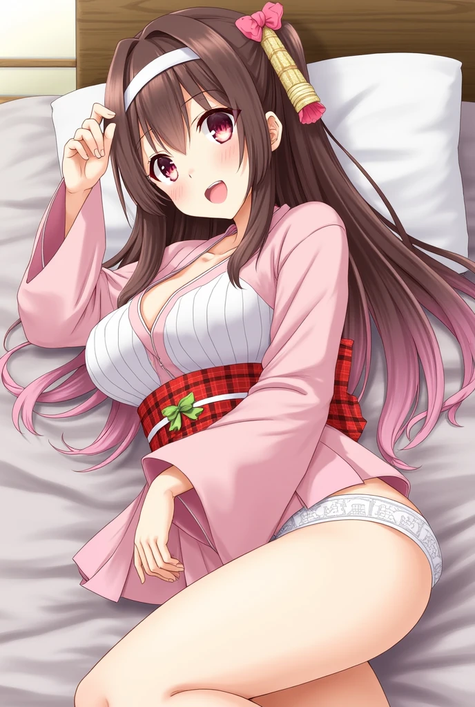(photorealism 1.2), Masterpiece, Best Quality, High Resolution, Venus1, 1Girl, Solo, Tsuko Kamato, Bamboo, Gag, Hair (brown), Plaid Belt, Gag, Gag, Gradient Hair, Hair Ribbon, Haori, Japanese Clothing, Very Short Kimono, showing her underwear, big boobs, Long Hair, Looking at the Audience, Multicolored Hair, Pink Eyes, Very Short Pink Kimono, showing her bra, Pink Ribbon, Ribbon, Solo, (((Masterpiece)), Forehead, lying on the bed, showing her , moaning, Cute puffing cheeks, seducing, Eyes wide, slim waist, sexy posing, slim tight,realistic