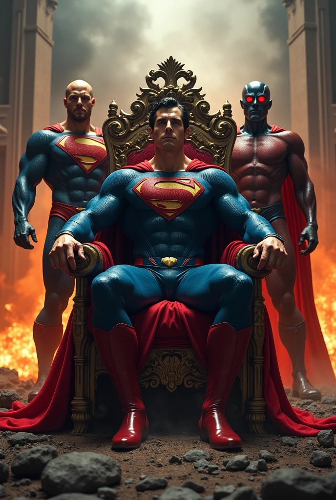 Illustrious Superman sitting on a throne and on the right side is Homelander Omni Man and on the left is Homelander Omni Man and they all have the reaction of a cold face/meanness , it's a destroyed scenario behind ,they all have heat vision , but not using it is just in the eye 